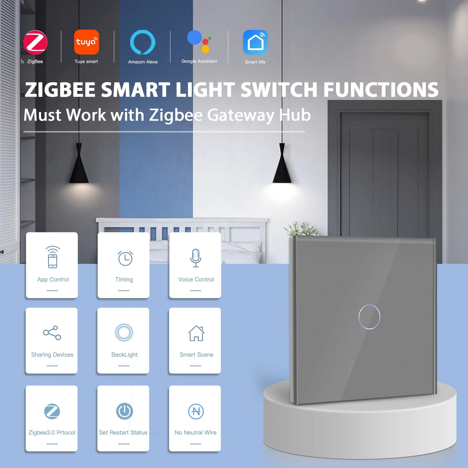 BSEED Smart Zigbee 1/2/3Gang Touch Light Switch