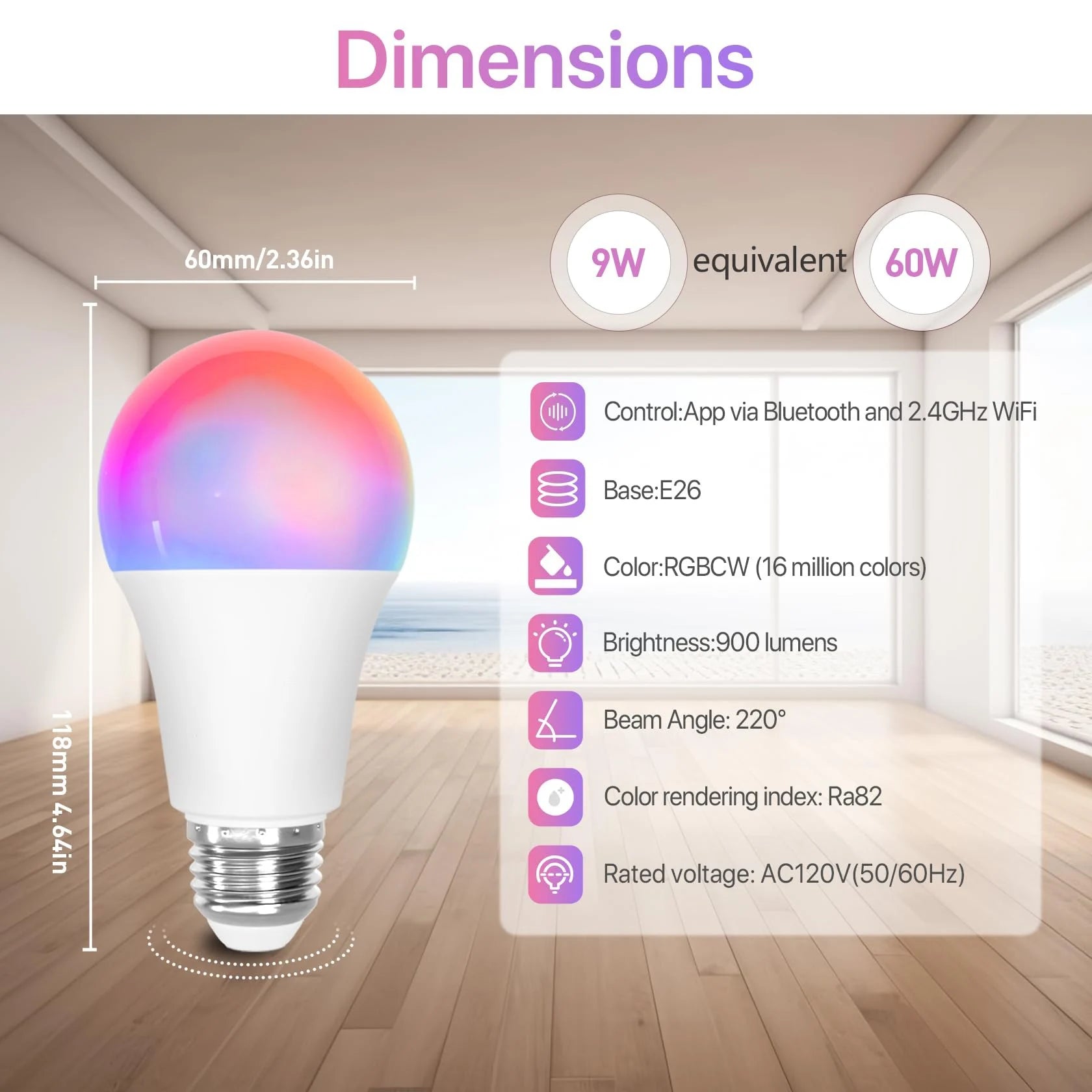2/4PCS Smart LED Light Bulbs A19 E26 9W WiFi Bluetooth