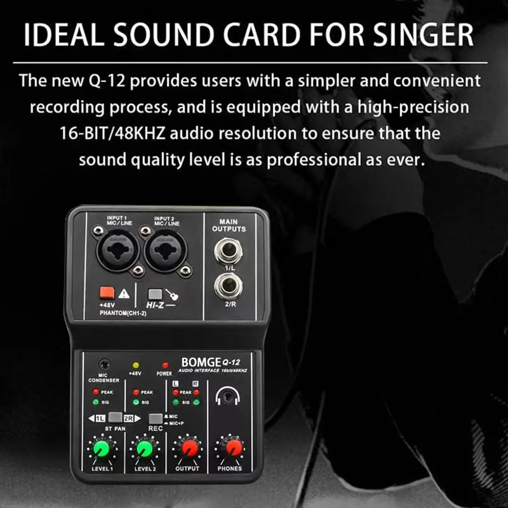 TEYUN Q12 Professional 2-Channel Audio Interface Mixer