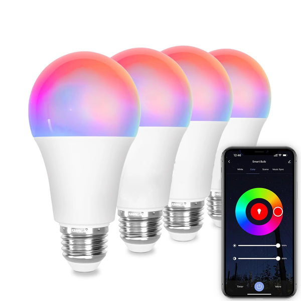 2/4PCS Smart LED Light Bulbs A19 E26 9W WiFi Bluetooth
