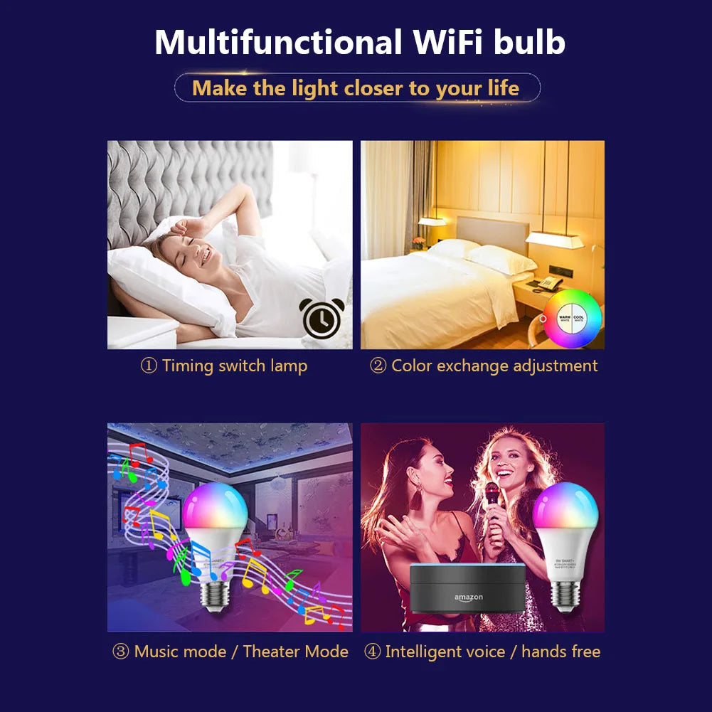 WiFi Smart LED Bulb E27 – RGBCW Color, Voice Control Compatible