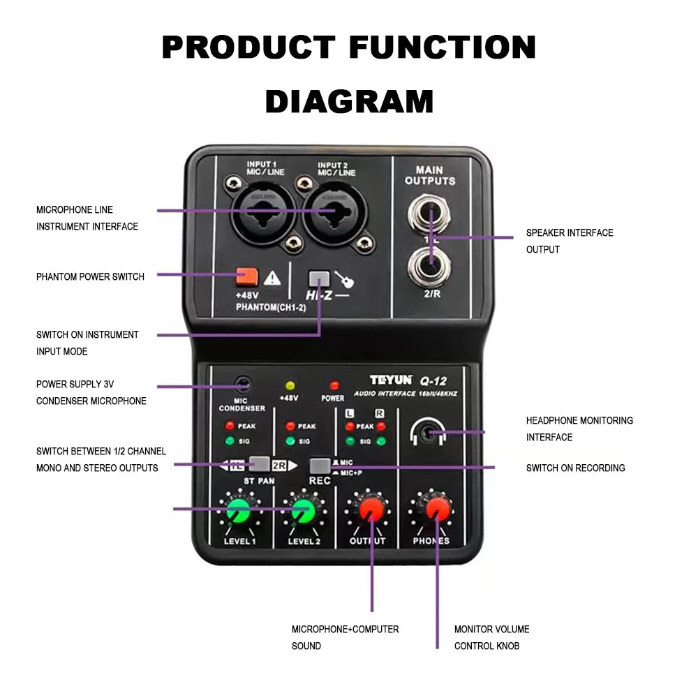 TEYUN Q12 Professional 2-Channel Audio Interface Mixer